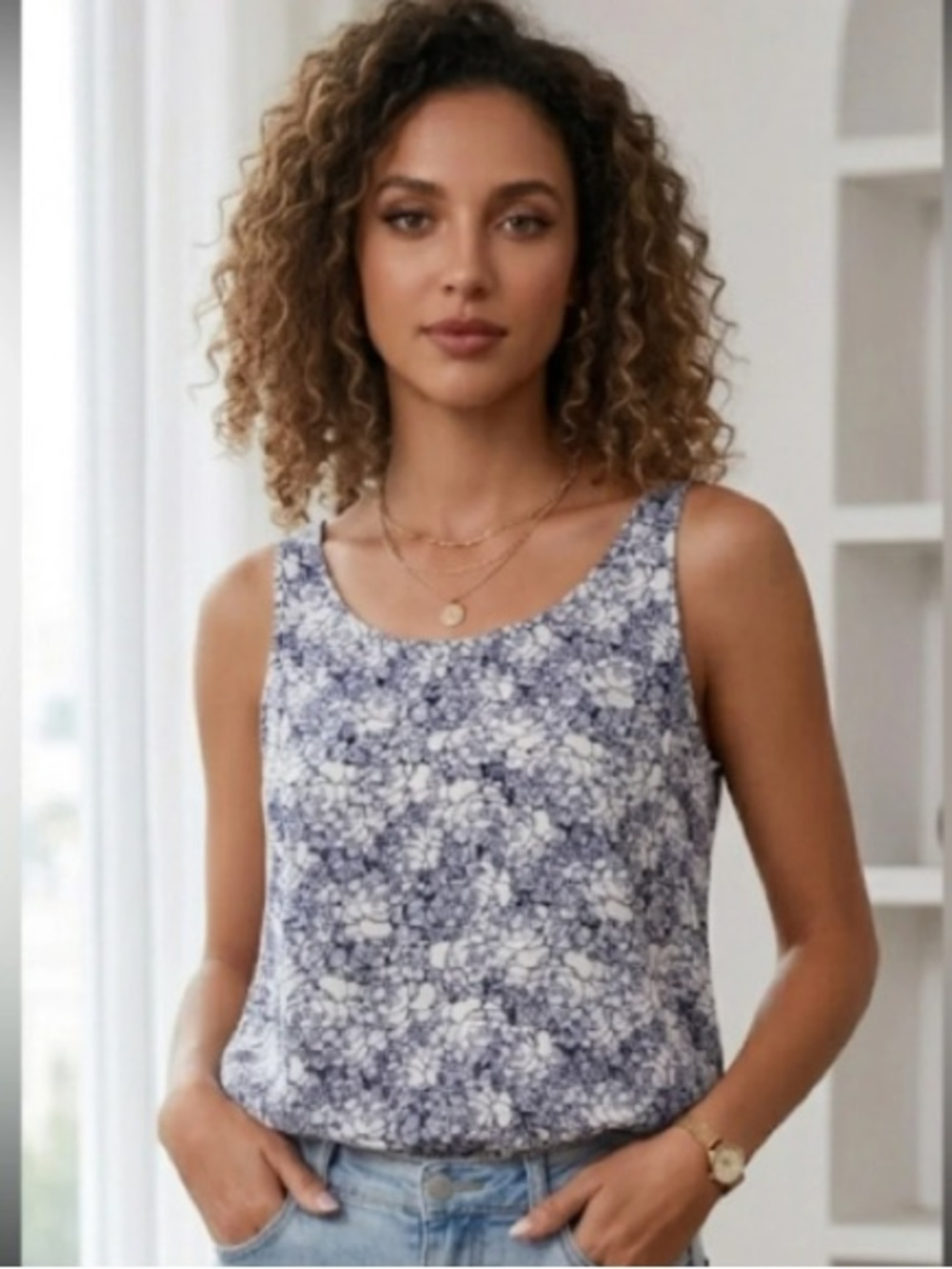 LOFT Sleeveless Blue and White Tank Top with Abstract Pattern
